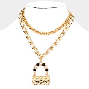 White Gold Chain Link Necklace Pearl Bag Pendant 2 Piece Leather Metal Statement